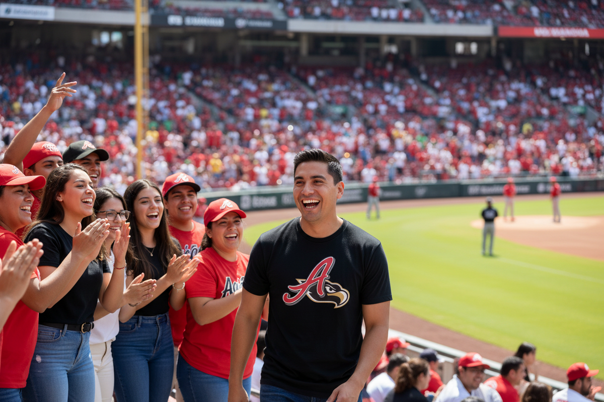 A man in a black Aquila de Veracruz  t-shirt with a red and gold logo stands in a crowded baseball stadium, smiling and clapping along with fans wearing red and black apparel.