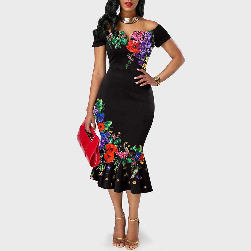 Elegante vestido de noche para mujer, vestido de sirena con escote oblicuo y estampado de flores negras para el trabajo