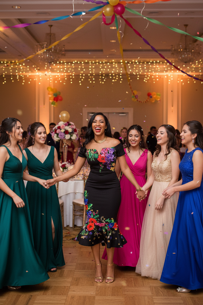 A group of women in formal evening gowns standing together in a decorated event hall with string lights and colorful ribbons. The central woman wears a black dress with a multicolor floral bodice and floral hem, while the surrounding women wear teal, magenta, blush, and royal blue gowns.