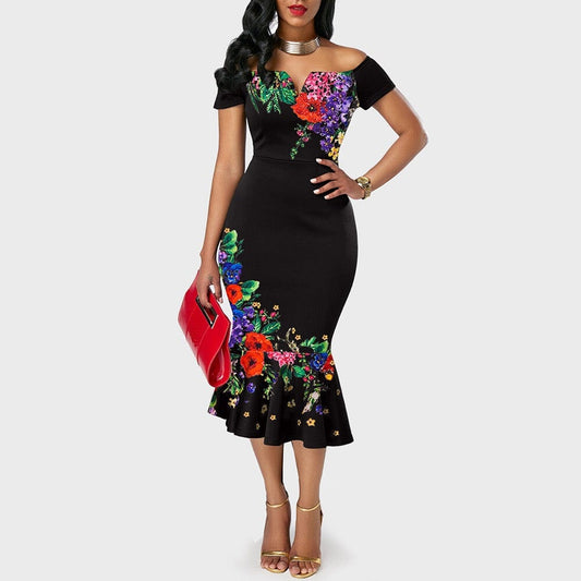 Elegant Women Evening Dress Black Flower Print Slash Neck Mermaid Sheath Dress For Work Fashion