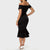 Black fitted mermaid hem sheath dress, short sleeves, back view