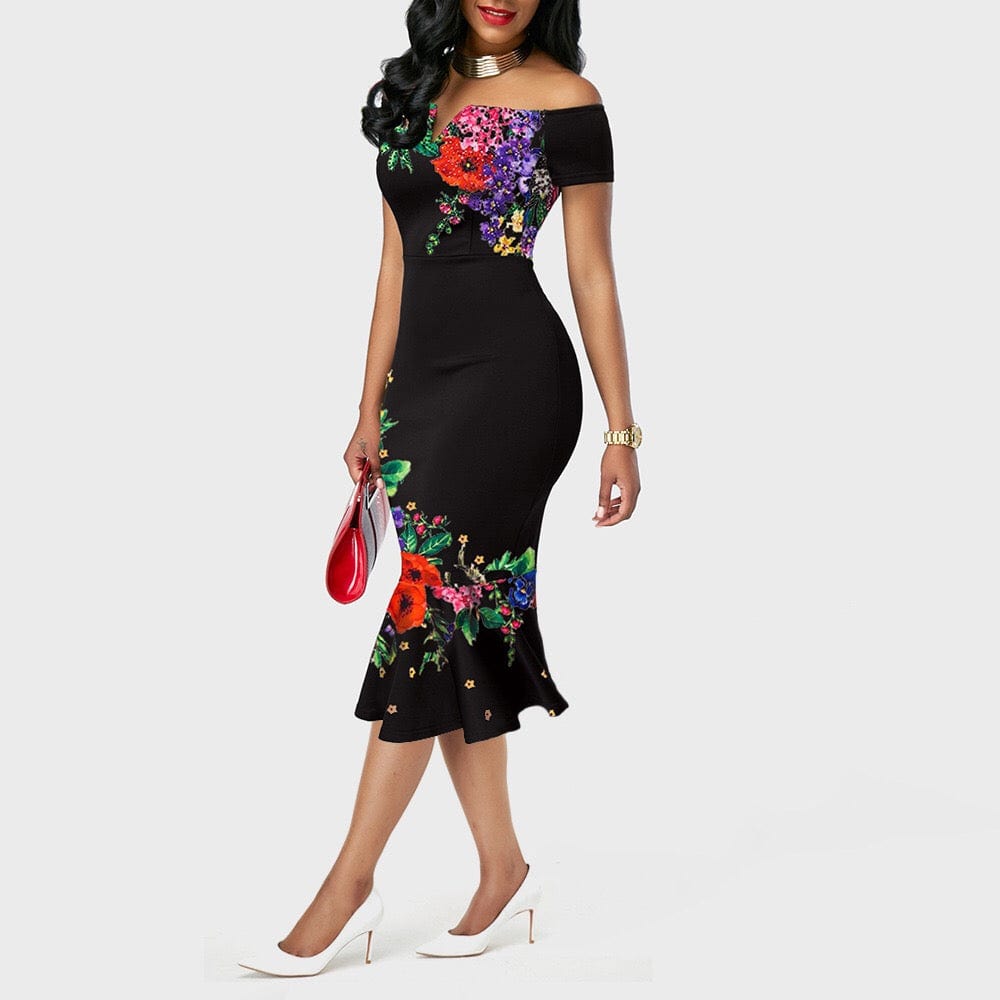 GorrasVaqueras Elegant Women Evening Dress Black Flower Print Slash Neck Mermaid Sheath Dress For Work Fashion