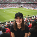 A smiling woman in a black t-shirt and black FC Juarez baseball cap with a soccer crest, standing in a crowded stadium with a green soccer field in the background.