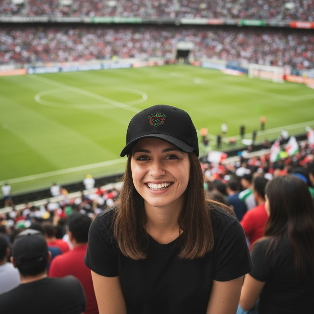 A smiling woman in a black t-shirt and black FC Juarez baseball cap with a soccer crest, standing in a crowded stadium with a green soccer field in the background.