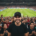 A smiling man in a black t-shirt and black baseball cap stands in the foreground at a crowded soccer stadium, with cheering fans and a green field behind him.