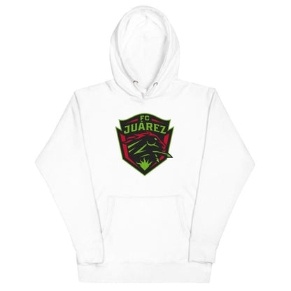A white FC Juarez unisex hoodie with a hood featuring a drawstring, a front pouch pocket, and a printed logo on the chest.