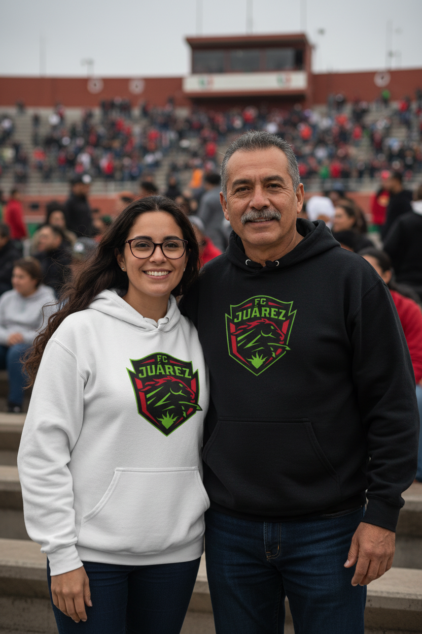 A man and a woman standing together in stadium seating, both wearing matching black and white hoodies with a green and red 'FC Juarez' shield logo on the chest.