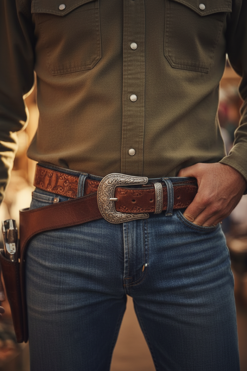 Close-up of a person wearing a brown western-style leather belt with a large engraved silver buckle, paired with blue jeans and an olive green button-up shirt.