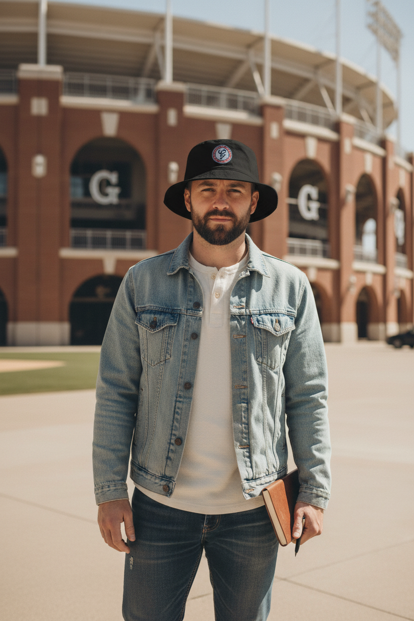 A man wearing a light-wash denim jacket, dark jeans, a black Generales de Durango bucket hat, and a white t-shirt stands in front of a large brick stadium with 'G' lettering on the facade.