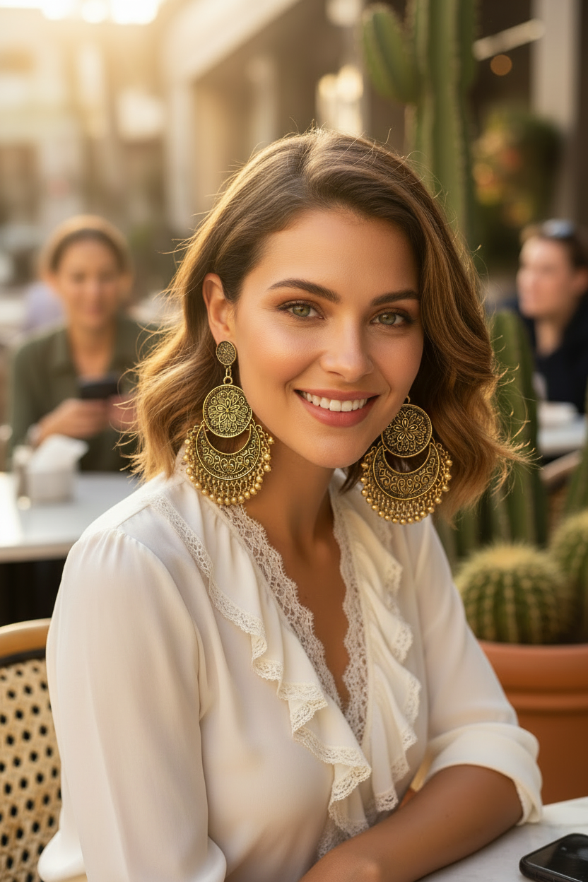 A woman with wavy brown hair wearing large, ornate gold-toned circular drop earrings and a white wrap-style blouse, seated at an outdoor cafe table with warm sunlight and blurred background figures.