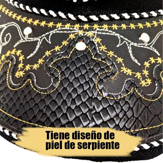 Black charro-style hat with embroidered snake-skin pattern and decorative trim