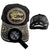Black trucker cap with round gold-and-white emblem patch, front embroidery, and mesh