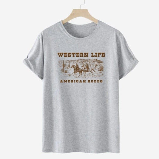 Gray womens cowboy graphic T-shirt with WESTERN LIFE and AMERICAN RODEO print
