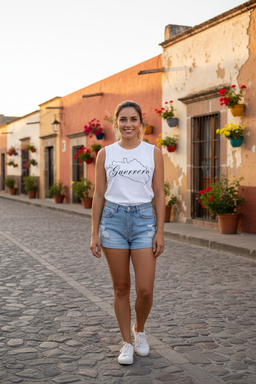 A woman wearing a white muscle tank top with the word 'Guerrero' printed in black text on the front.