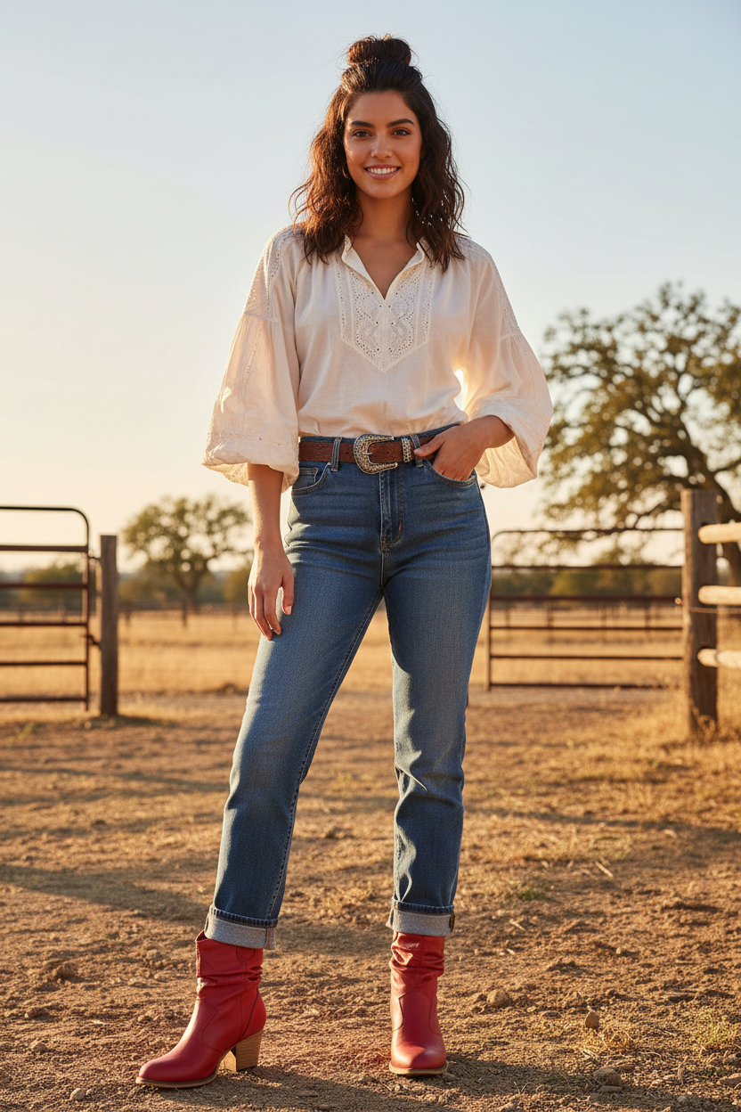 A red ankle-high cowgirl boot with pull-up tabs and a wooden heel.