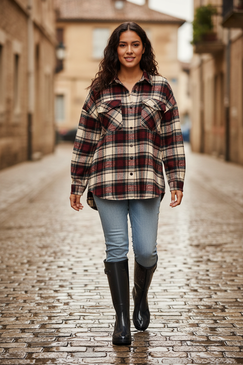 A woman walking down a cobblestone street wearing a long-sleeve plaid button-up shirt in red, black, and beige, paired with light blue jeans and black rain boots.