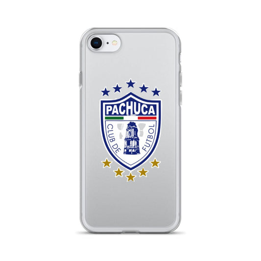 A clear iPhone case with the Pachuca football club emblem printed in the center, featuring a white and blue color scheme with stars.