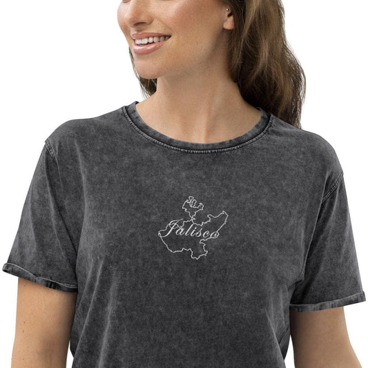 Unisex washed denim T-shirt with Jalisco graphic on the chest, crew neck