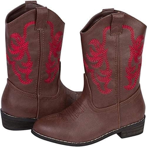 Kids cowboy boots in dark brown with red stitched floral embroidery on side panels.