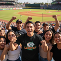 A group of excited fans cheering in a stadium, with the central person wearing a black t-shirt featuring the  'Leones de Yucatan' logo.