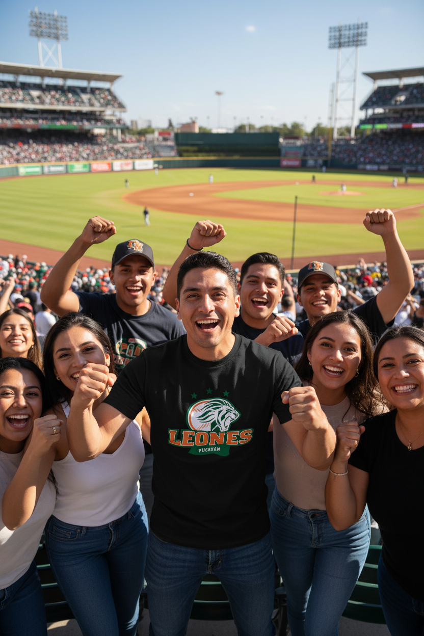A group of excited fans cheering in a stadium, with the central person wearing a black t-shirt featuring the  'Leones de Yucatan' logo.