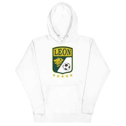 White hoodie with a white drawstring, a front pouch pocket, and a ribbed hem and cuffs. Features a shield logo with the text 'LEON' on the front.