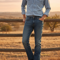 A pair of Levi's men's slim bootcut fit jeans in blue color, displayed on a model with a light blue shirt and beige shoes.