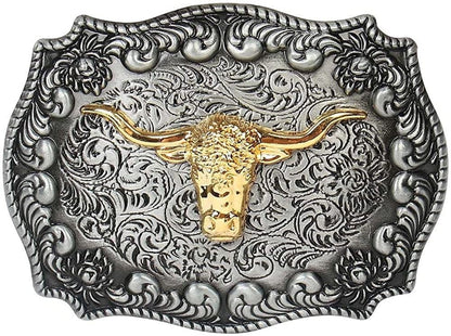 Long Horn Bull Western Belt Buckle, Gray, One Size