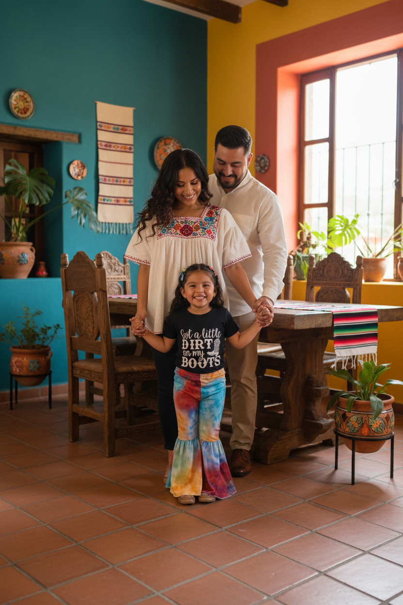 A family of three stands together in a brightly lit, colorful home interior. The young girl in the center wears a black graphic T-shirt that reads 'take a little DIRT BOOTS' and matching tie-dye bell-bottom pants.