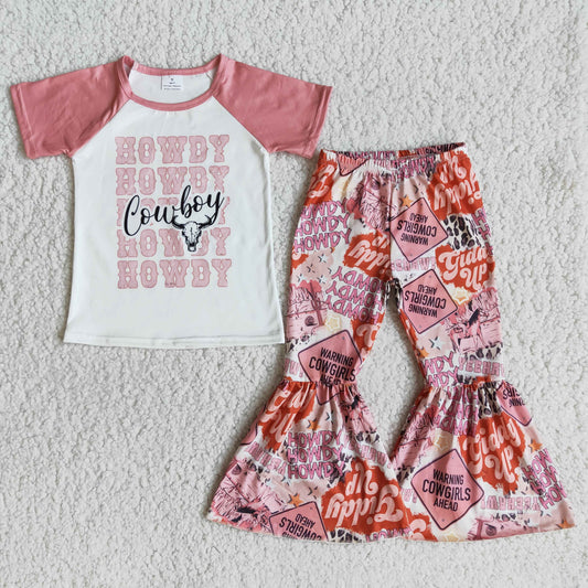Kids western t-shirt and bell-bottom pants set with pink raglan sleeves and “Howdy Cowboy” print