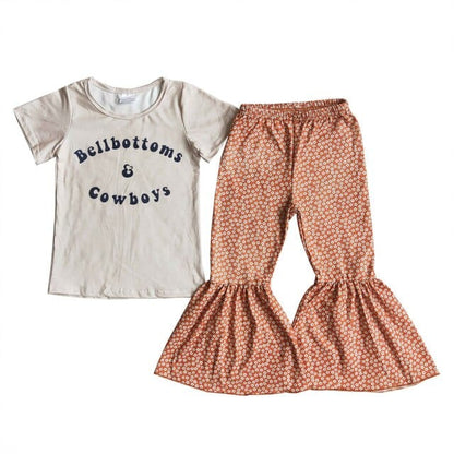 Western Bull Hat Cowboy Howdy Kids Outfit – Toddler Baby Girl Bell Bottom T-Shirt with Letter Print