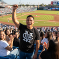 A man in a baseball stadium wearing a black t-shirt with a white 'Mariachis de Guadalajara' graphic, cheering with a raised fist. Other spectators are visible in the blue stadium seats, with a baseball field in the background.