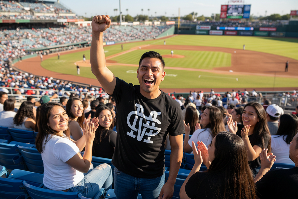 A man in a baseball stadium wearing a black t-shirt with a white 'Mariachis de Guadalajara' graphic, cheering with a raised fist. Other spectators are visible in the blue stadium seats, with a baseball field in the background.