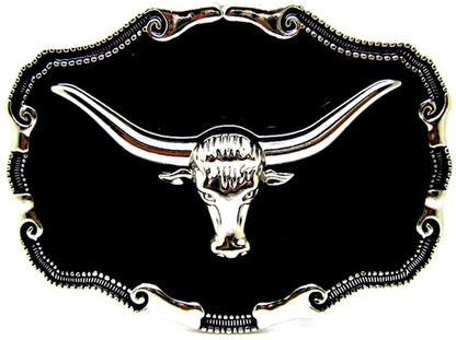 Masop longhorn cattle bull head texas belt buckle for men cowboy accessory, Black, One Size