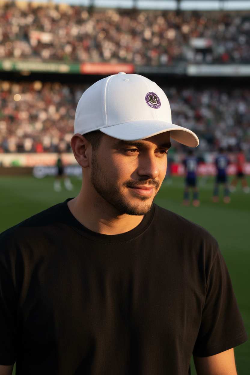 A man wearing a white baseball cap with a circular Mazatlan FC logo and a black t-shirt, standing on a soccer field with a stadium crowd in the background.