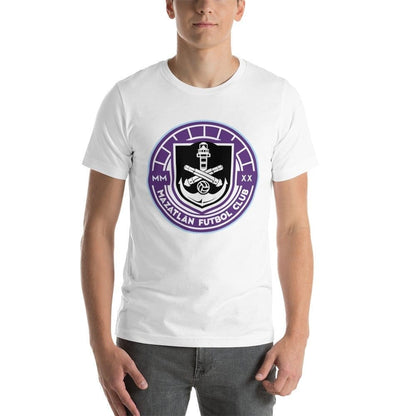A person wearing a white short-sleeved t-shirt with a graphic logo of Mazatlán FC.