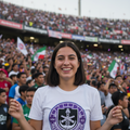 A smiling woman stands in a crowded stadium wearing a white Mazatlan FC t-shirt with a purple circular Mexican Futbol Club logo.