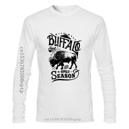 A white long-sleeved crew neck t-shirt with a graphic print of a buffalo and the text 'BUFFalo HUNTER Open SEASON'.