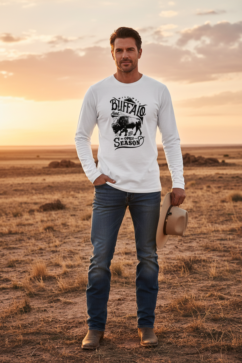 A man stands in a dry grassy field at sunset wearing a white long-sleeve graphic shirt with a buffalo print, blue jeans, and holding a cowboy hat.