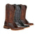 Western cowboy boots in black and dark brown leather, ornate stitched patterns