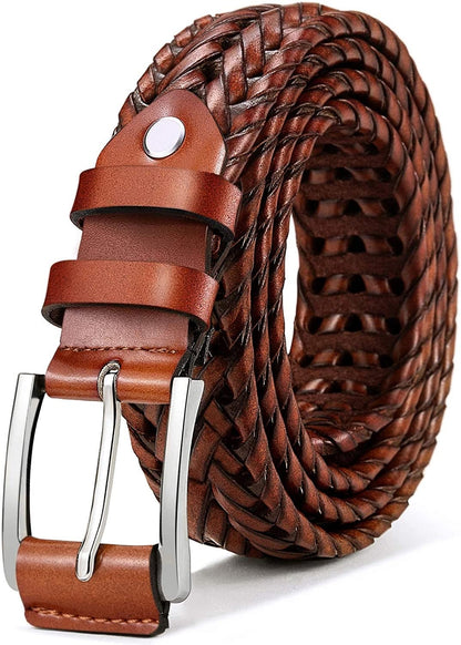 Woven leather belt with braided strap and silver buckle, brown with stitched edges