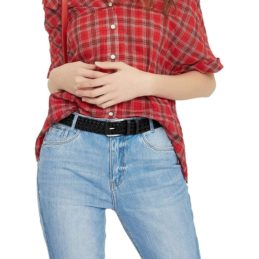 Person wearing a red plaid shirt and blue jeans with a black belt on a white background