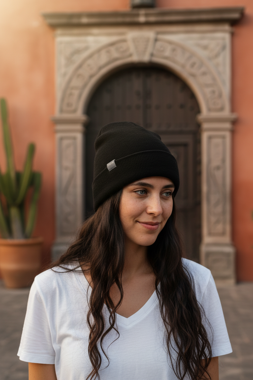 A woman wearing a black knit beanie with a small white rectangular logo patch, standing in front of a warm-toned stone archway and terracotta wall.