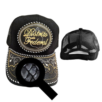 Black charro-style trucker hat, embroidered snake-skin pattern, mesh back