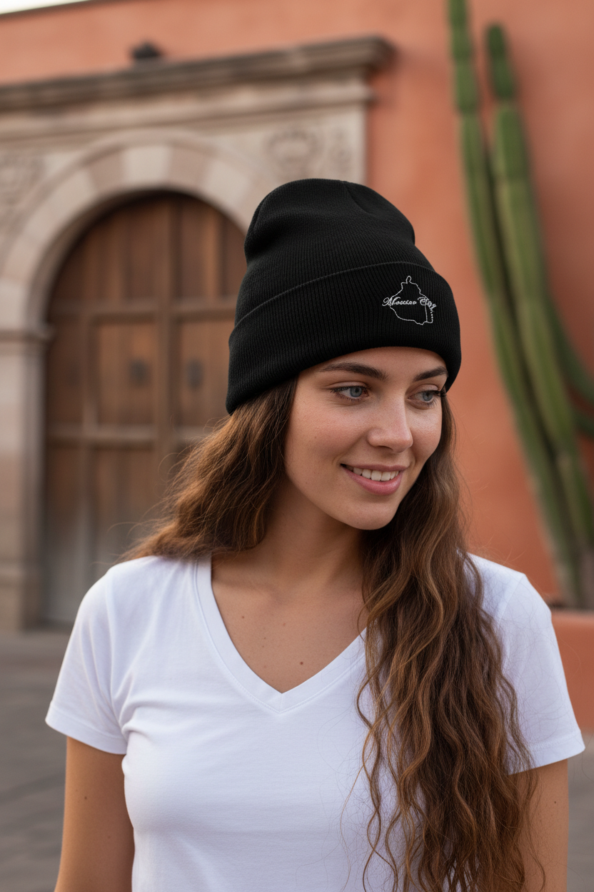 A person wearing a black beanie hat with an embroidered design on the front.