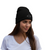 Black knit beanie with folded cuff and small stitched emblem
