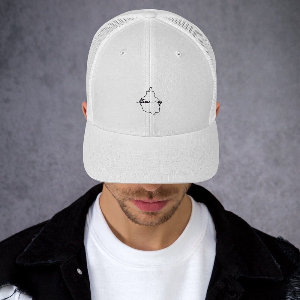 White trucker cap with mesh back and small front animal logo, adjustable snap
