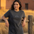 Unisex dark denim T-shirt with crew neck and front chest graphic, short sleeves