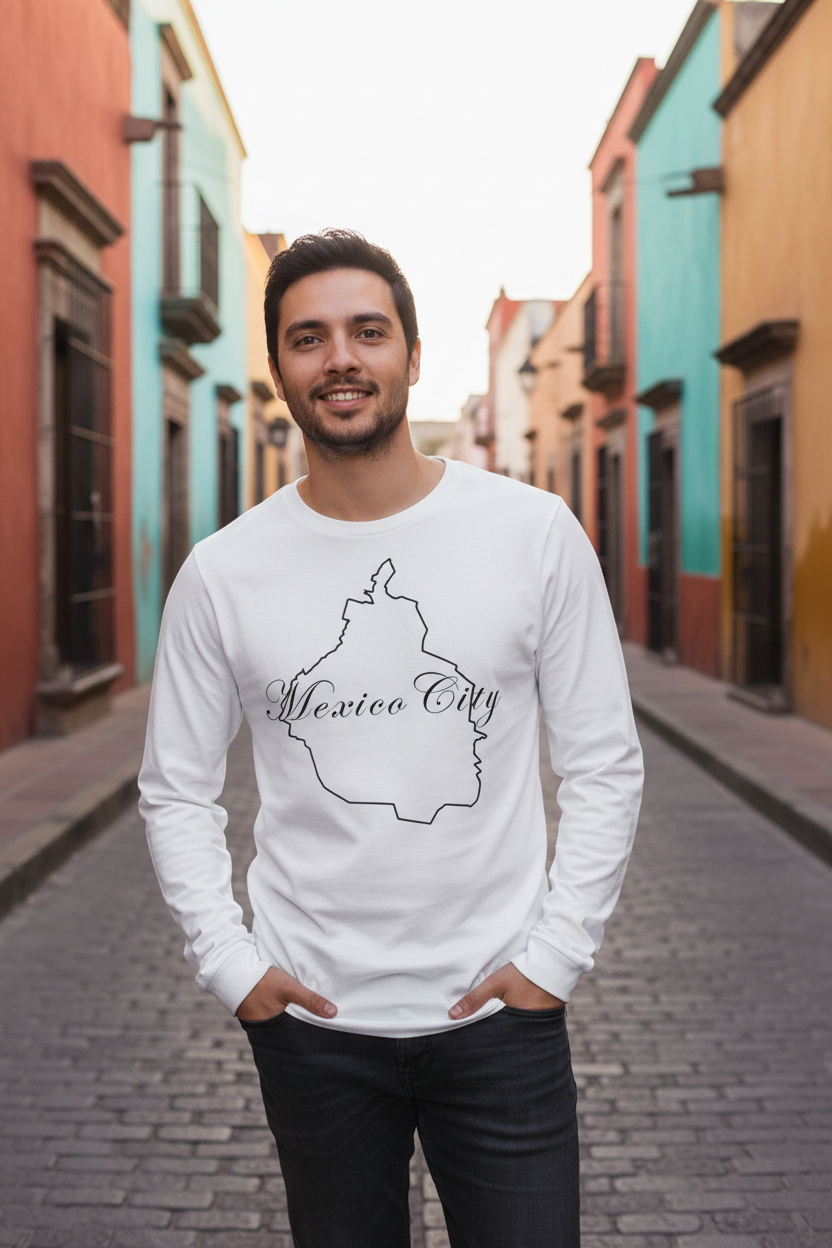 A person wearing a white long sleeve t-shirt with 'Mexico City' text in black on the front.