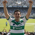 A soccer player in a green and white striped Sporting CP jersey celebrates with raised fists on a stadium field, with teammates and a packed stadium in the background.
